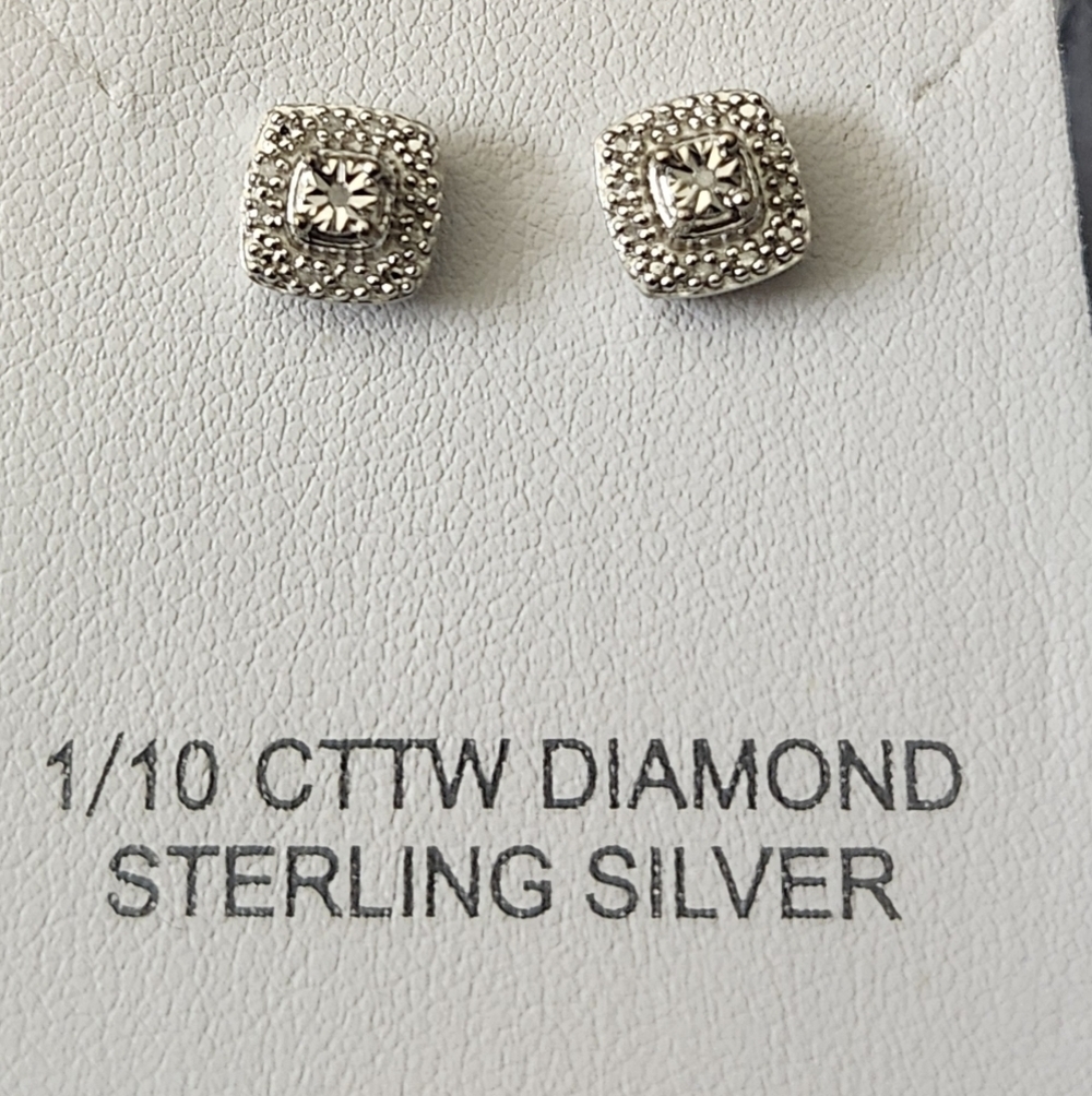 1/10 CTTW Diamond Sterling Silver square cluster or halo stud earrings